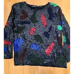 Vintage Carina Black Silk Sequin Top Evening Wear Sparkly Party M Long Sleeves